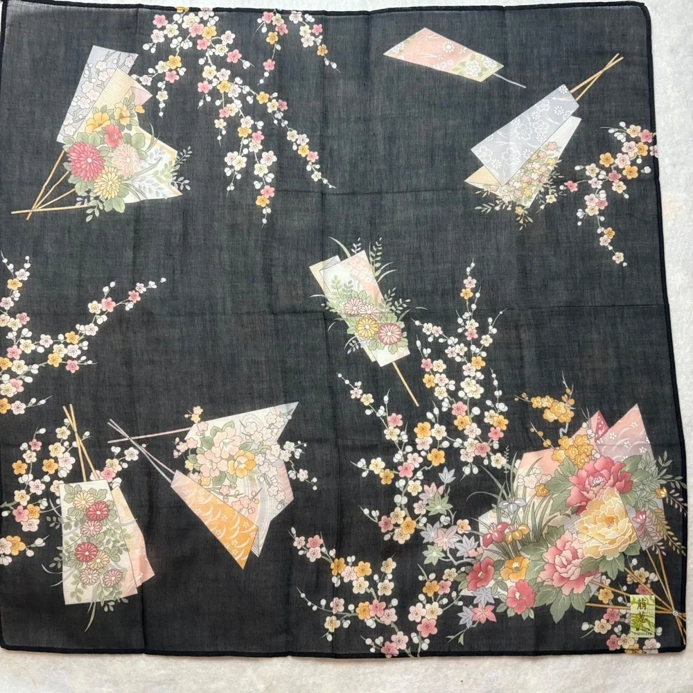 Vtg Scarf Handkerchief Floral Fan Cotton Black 16.5